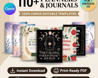 110+ Canva Editable Planners & Journals Bundle | PLR Commercial Use Templates | KDP Interiors | Digital Product Business Starter Kit