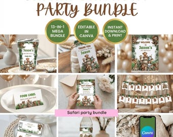 Safari Animals Birthday Party Bundle, Wild One Jungle Theme Decor, Editable Canva Template, Boy Birthday Invite Suite, Instant Download Kit