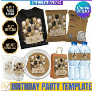 Puede incluir: Un paquete de plantillas para fiestas de cumpleaños con una camiseta negra, una bolsa de aperitivos, botellas de agua, vasos, un plato y una bolsa de regalo. Cada artículo tiene un diseño de globos dorados, negros y blancos con el nombre "Sofia".