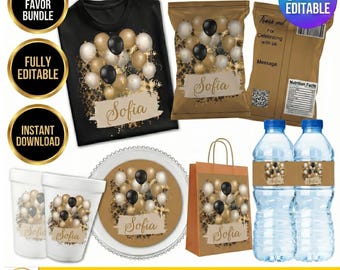 Custom Party Favor Bundle, Editable Canva Template, DIY Birthday Treat Bag, Chip Bag Wrapper, Water & Juice Labels, 5-in-1 Goodie Kit