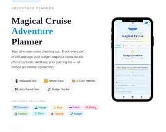 App per la pianificazione di crociere in inglese – Organizzatore di vacanze | Porti di scalo, monitoraggio del budget, lista di cose da mettere in valigia | Download immediato in formato HTML
