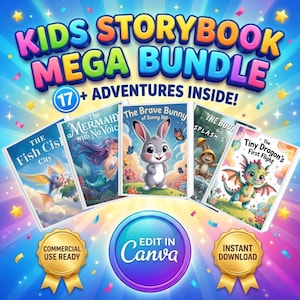 Puede incluir: Un gráfico vibrante que promociona un "Kids Storybook Mega Bundle" con cinco portadas de libros ilustradas. Los títulos incluyen "The Fish Cis City", "The Mermaid with No Voic" y "The Brave Bunny of Sunny Hill". La imagen también incluye el texto "17+ Adventures Inside!" y "Edit in Canva."