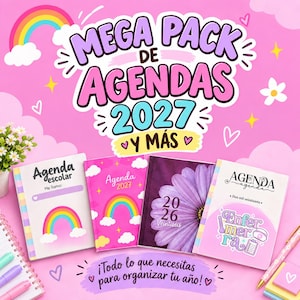 Puede incluir: Una colección digital de agendas 2027 con cuatro portadas distintas con motivos de arcoíris, nubes, flores y temas médicos. El texto dice MEGA PACK DE AGENDAS 2027 Y MÁS y Todo lo que necesitas para organizar tu año.
