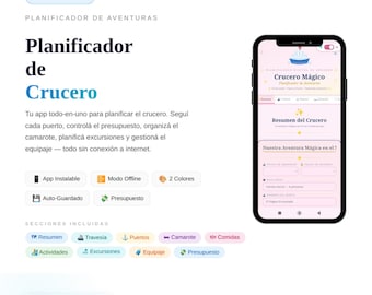 Pianificatore di crociere in spagnolo – App di viaggio | Porti, budget, bagagli | Download HTML immediato
