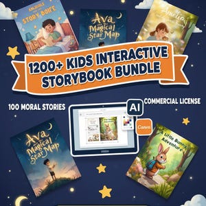 Könnte beinhalten: Ein digitales Bundle mit Kindergeschichten. Das Bild zeigt mehrere Buchcover mit Illustrationen von Kindern und Tieren. Der Text enthält "1200+ KIDS INTERACTIVE STORYBOOK BUNDLE", "100 MORAL STORIES" und "INSTANT DOWNLOAD".