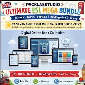 May include: A digital educational bundle titled PACKLABSTUDIO ULTIMATE ESL MEGA BUNDLE featuring 20 premium online programmes and digital e-book access. The graphic displays various electronic devices including tablets, a computer, and a laptop.