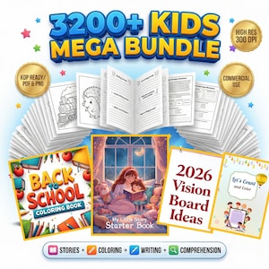 Può includere: Una grafica colorata che promuove un "3200+ KIDS MEGA BUNDLE" con vari materiali didattici. Include libri da colorare, esercizi di scrittura e idee per vision board. L'immagine presenta illustrazioni e il testo "Back to School Coloring Book" e "My Little Story Starter Book".