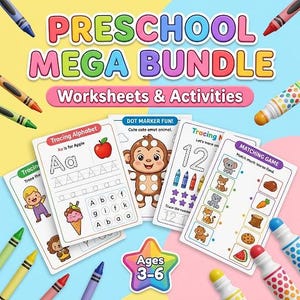 Puede incluir: Un paquete educativo preescolar con hojas de trabajo para trazar letras y números, actividades de puntos y juegos de emparejar. El conjunto incluye crayones y marcadores de puntos, con una etiqueta de estrella que indica Ages 3-6.
