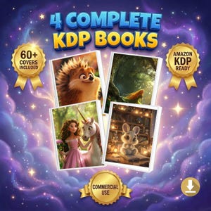 Puede incluir: Imagen que promociona "4 Complete KDP Books" con ilustraciones de un erizo, una escena de bosque, una princesa con un unicornio y un conejo. La imagen incluye texto que dice "60+ Covers Included", "Amazon KDP Ready" y "Commercial Use". El fondo es un cielo estrellado.