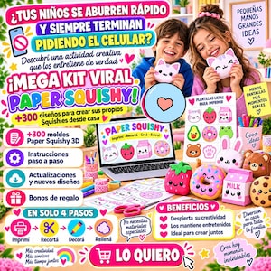 Może przedstawiać: Cyfrowy zestaw do tworzenia papierowych squishy z ponad 300 wzorami, w tym szablonami do druku przedstawiającymi postacie takie jak truskawka, pączek, karton mleka i miś. Zestaw zawiera instrukcje krok po kroku dotyczące drukowania, wycinania, dekorowania i wypełniania.