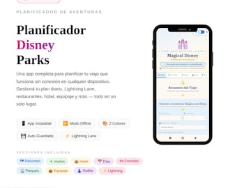 Pianificatore di parchi Disney in spagnolo – App di viaggio | Corsia veloce, bagagli, budget | Download HTML immediato