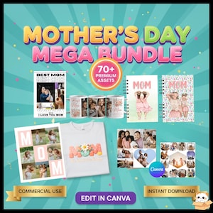 Mother’s Day Mega Bundle | Canva Photo Collage Template | Mug Wrap Sublimation | Newspaper Gift | Best Mom T-shirt PNG | KDP Journal 6x9