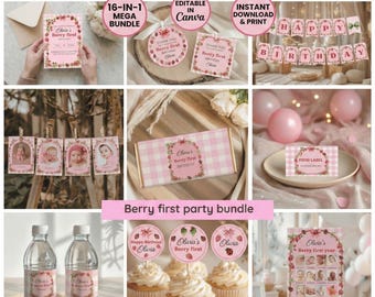 Berry First Birthday Party Bundle, Strawberry 1st Birthday Decor, Editable Canva Template, Girl Invitation Suite, Mega Instant Download Kit