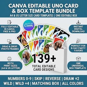 Puede incluir: Un paquete digital con plantillas editables en Canva para cartas y cajas tipo Uno. Incluye más de 139 diseños de cartas con números 0-9, saltar, reversa, roba +2, comodín y comodín +4. Contiene marcos de fotos para tamaños A4 y US letter.