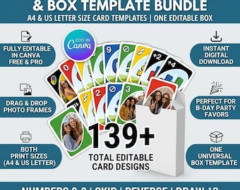 Modello di carta Uno personalizzato, modificabile con Canva, set di carte da gioco stampabili fai da te per bomboniere di compleanno, scatola con modello di gioco di carte, mazzo personalizzato
