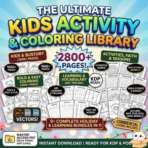 Pack complet d'activités pour enfants | Plus de 2800 pages KDP, alphabet à tracer, plus de 1600 coloriages faciles et colorés, jeux cognitifs, contenu chrétien | Usage commercial
