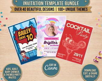 Oltre 350 modelli di inviti di compleanno su Canva, mega pacchetto di inviti per compleanni di bambini, baby shower, cocktail party, inviti digitali per dispositivi mobili.
