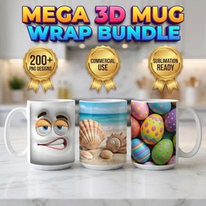 Puede incluir: Tres tazas de cerámica blanca con diferentes diseños. Una taza presenta una cara con una expresión gruñona, otra tiene conchas marinas en una playa, y la tercera muestra coloridos huevos de Pascua. La imagen incluye el texto "MEGA 3D MUG WRAP BUNDLE", "200+ PNG Designs", "Commercial Use" y "Sublimation Ready".