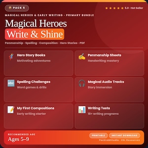 Puede incluir: Un paquete educativo digital llamado "Magical Heroes Write & Shine" para niños de 5 a 9 años. El gráfico rojo y naranja incluye secciones para libros de historias de héroes, hojas de caligrafía, desafíos de ortografía, pistas de audio, composiciones y pruebas de escritura. Descarga instantánea.