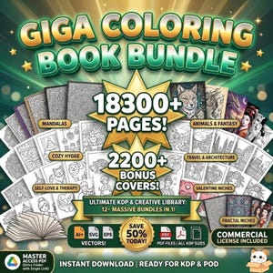 Giga Coloring Book Bundle | 18300+ KDP Pages, Mandalas, Patterns, Cozy Hygge, Animals, Self-Love, Valentine and Travel | Commercial Use