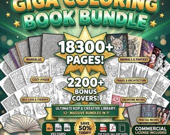 Giga Coloring Book Bundle | 18300+ KDP Pages, Mandalas, Patterns, Cozy Hygge, Animals, Self-Love, Valentine and Travel | Commercial Use
