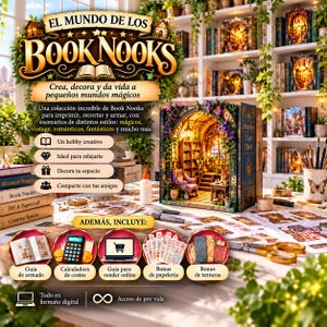 May include: A DIY book nook kit advertisement featuring the title EL MUNDO DE LOS BOOKNOOKS. The image displays a miniature library diorama with a purple armchair, shelves, and warm lighting, alongside craft supplies, scissors, and digital guide icons.