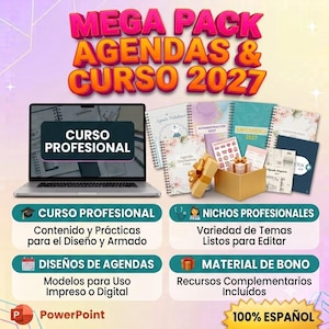 Puede incluir: Un paquete de productos digitales con una laptop mostrando CURSO PROFESIONAL, varios planificadores de espiral y cajas de regalo. El texto incluye MEGA PACK AGENDAS & CURSO 2027, CURSO PROFESIONAL, NICHOS PROFESIONALES, DISEÑOS DE AGENDAS, MATERIAL DE BONO y 100% ESPAÑOL.