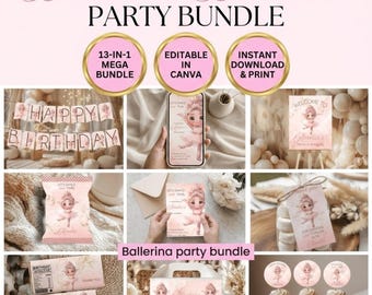 Ballerina Birthday Party Bundle, Pink Ballet Theme, Editable Canva Template, Coquette Bow Decor, Girl 1st Birthday, 13-in-1 Mega Kit