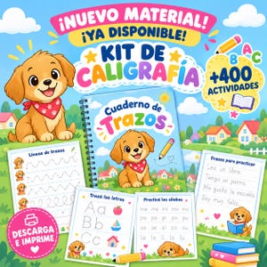 May include: A calligraphy kit featuring a spiral-bound notebook titled Cuaderno de Trazos, accompanied by activity sheets for tracing lines, letters, and syllables. The design includes a cartoon puppy, colorful text, and illustrations of houses.