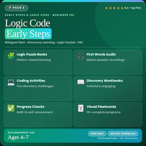 May include: A green educational graphic with the text "Logic Code Early Steps" and "Ages 4-7". The graphic includes icons for logic puzzle books, coding activities, progress checks, first words audio, discovery workbooks, and visual flashcards. The graphic is labeled "Pack 2".