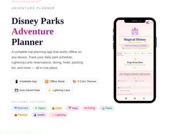 App Disney Parks Planner – Organizzatore di viaggi in inglese | Corsia rapida, lista di cose da mettere in valigia, monitoraggio del budget | Download immediato in HTML
