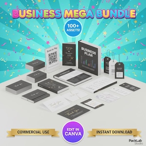 May include: A business mega bundle with over 100 assets. The image shows business-related items such as books, cards, and tags. The text "BUSINESS MEGA BUNDLE" and "100+ ASSETS!" are at the top. The words "COMMERCIAL USE", "EDIT IN CANVA", and "INSTANT DOWNLOAD" are also visible.
