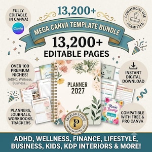 May include: A digital bundle of 13,200+ editable Canva templates for planners, journals, workbooks, and trackers. The central planner cover features floral illustrations and the text PLANNER 2027. Includes various page layouts for ADHD, wellness, finance, and business niches.