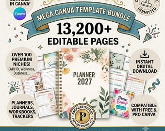 Pacchetto Mega di 13000 modelli di pagine Canva KDP Interiors Modello di agenda stampabile 2027 Uso commerciale Diari Quaderni di lavoro Tracker ADHD
