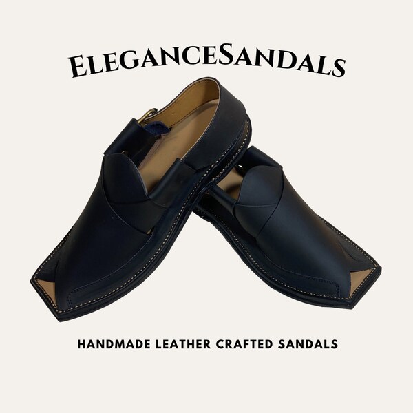 Men's Leather Sandal (Peshawari Sandal-Kaptan Style) Hand Made Very Comfortable with Double Insole (Black)
