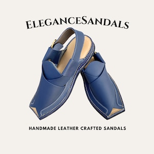 MEN&#39;S LEATHER SANDAL-Hand Made Comfortable Peshawari Kaptan Sandal with Double Insole (Blue)