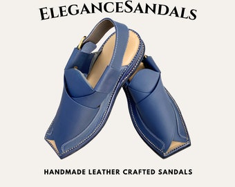 SANDALES EN CUIR POUR HOMMES - Sandales Peshawari Kaptan confortables fabriquées à la main avec double semelle intérieure (Bleu)