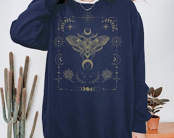 Death's Head Moth Sweatshirt: Celestial Moon Phases, Gothic Dark Art