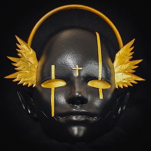 Schwarzer Engel Gelenkmaske mit goldenem Heiligenschein und Flügeln