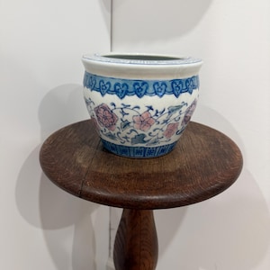 Vintage Chinese Polychrome Ceramic Planter – Blue & Pink Floral Jardinière – Fishbowl Style Pot