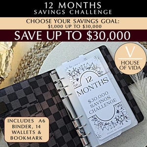 12 Months Savings Challenge Bundle With Bookmark | 500 - 30,000 Savings Goals | A6 | Matt Finish | Savings Challenge | Budgeting