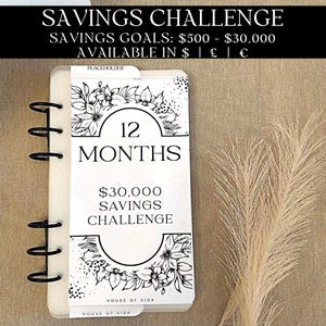12 Months Savings Challenge Bundle With Bookmark | 500 - 30,000 Savings Goals | A6 | Matt Or Gloss Finish | Savings Challenge | Budgeting
