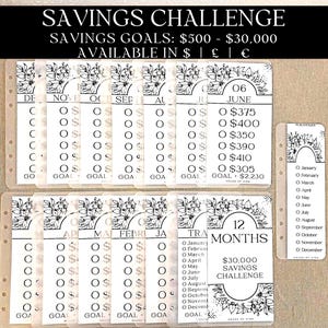 12 Months Savings Challenge Bundle With Bookmark | 500 - 30,000 Savings Goals | A6 | Matt Or Gloss Finish | Savings Challenge | Budgeting