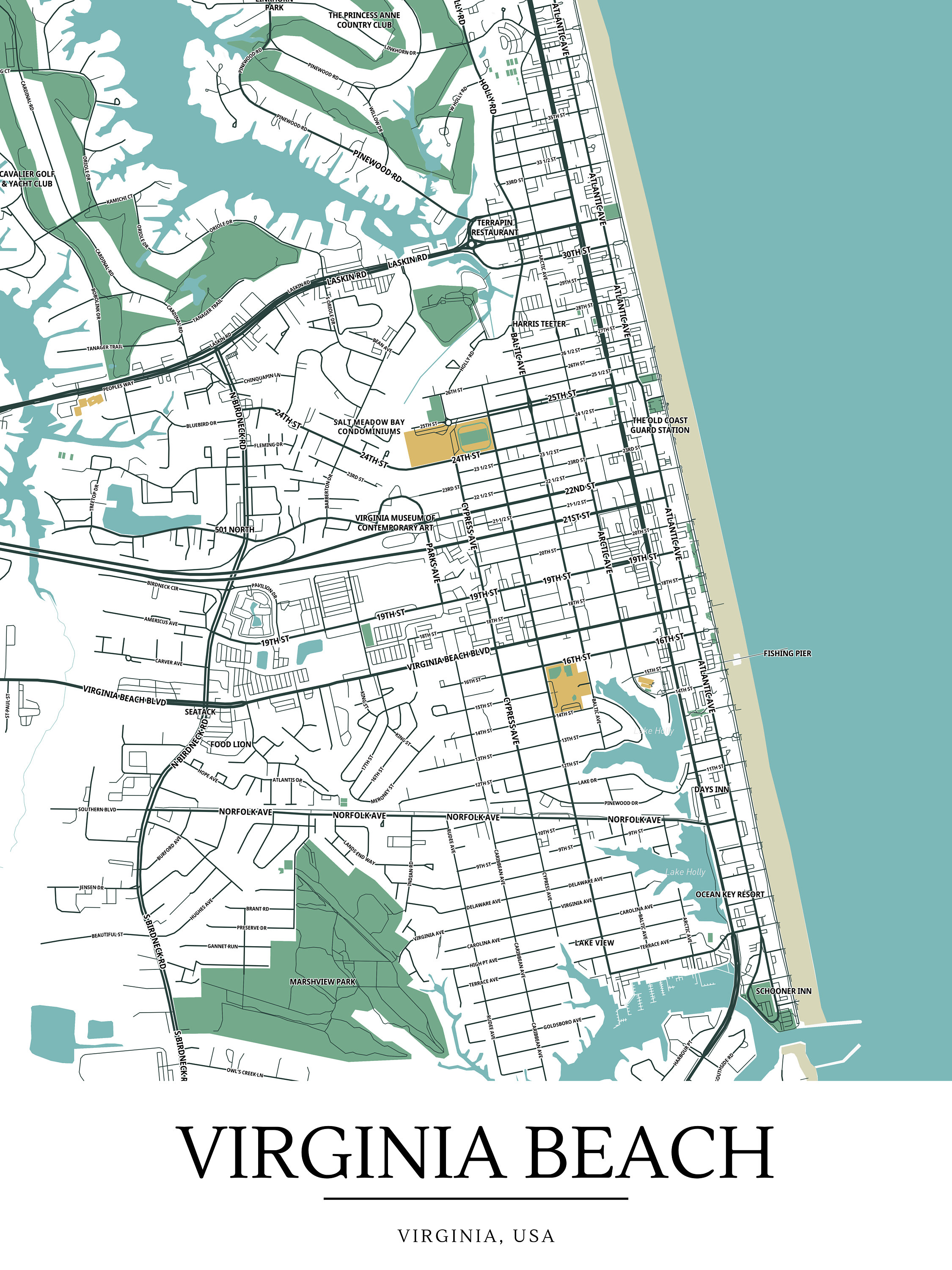 Virginia Beach Map Print, Street Names Virginia Beach Print, Printable Map of Virginia Beach