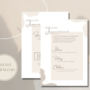 May include: A beige and white printable appointment reminder card with the text "Before your Appointment" and information about the beauty studio's address, parking, and children's policy.