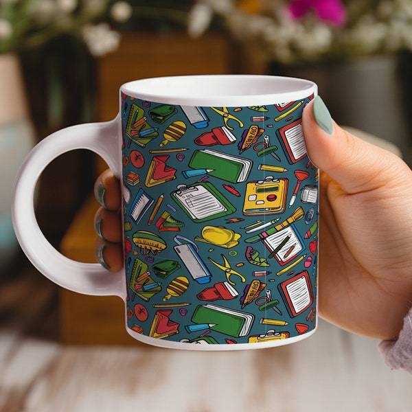 School Supplies Pattern Coffee Mug, Academic Essentials Mug, Back-to-School Coffee Cup, Educational Decor Mug, Academic Decor Drinkware