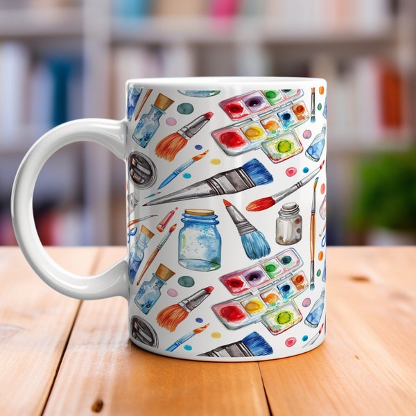 Art Supplies Pattern Coffee Mug, Artist's Mug, Painter's Cup, Art Lover's Mug, Crafty Mug, Artist Gift Ideas, Art-Themed Kitchenware