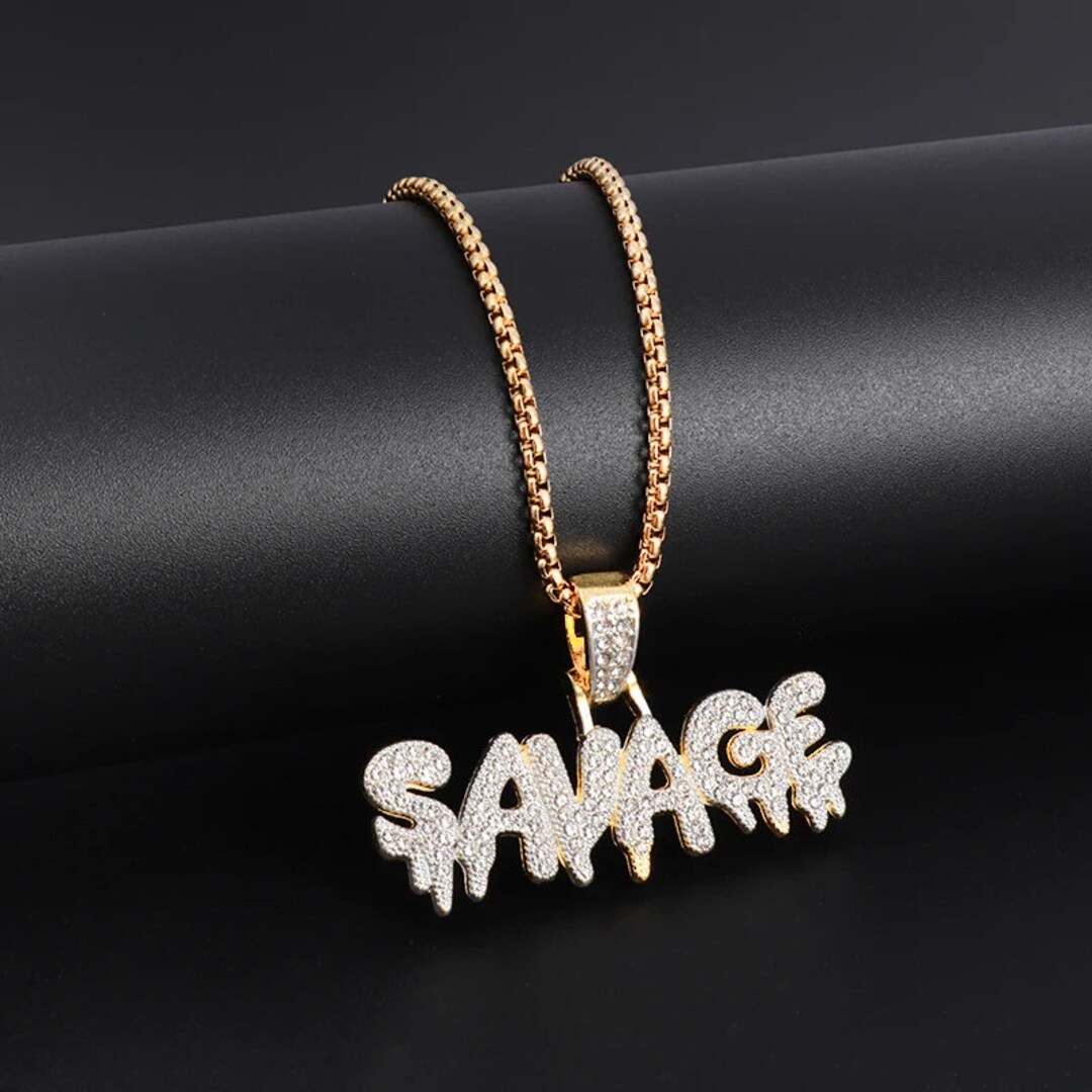 Hip Hop Iced Out Savage 21 Pendant And 4mm 24" Rope Chain – 14K Gold Plated, S&P JEWELRY – Gold Tone Bling Necklace