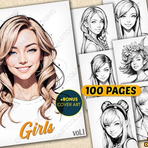 100 bellissime ragazze, libro da colorare artistico, pagine da colorare stampabili di donna bellezza, libro da colorare in scala di grigi per amici adolescenti adulti, arte anime