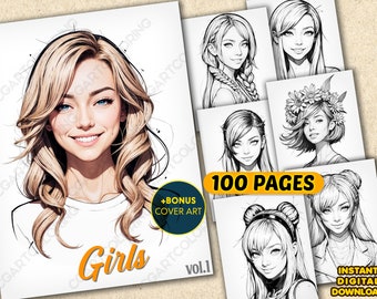 May include: A digital download of 100 pages of black and white line art drawings of girls. The cover art features a girl with long blonde hair wearing a white shirt. The text "Girls Vol. 1" is in orange.